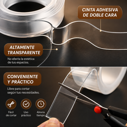 Cinta Nano Adhesiva de Doble Cara Lavable y Reutilizable 2X1