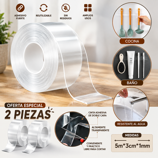 Cinta Nano Adhesiva de Doble Cara Lavable y Reutilizable 2X1